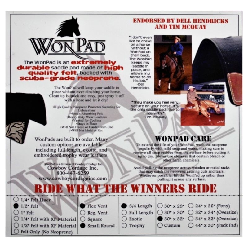 WON Neoprene Pad Western Saddle Pad 30 x 30 - 1/2 '' (1,27cm) dick