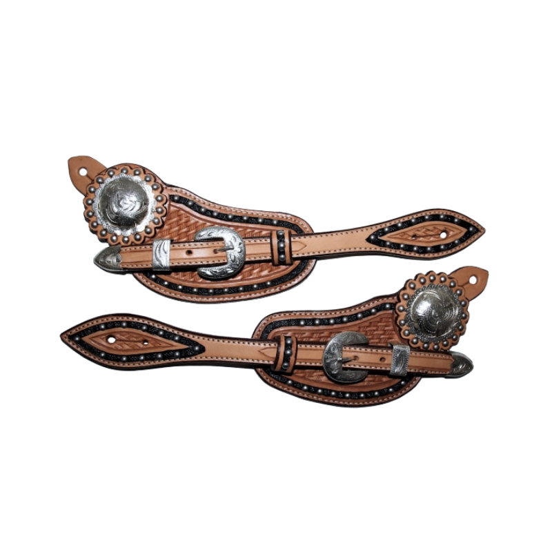 Sporenriemen - US Leather - Two Tone - Tooled - Dots - graviertes Buckle Set & Conchos