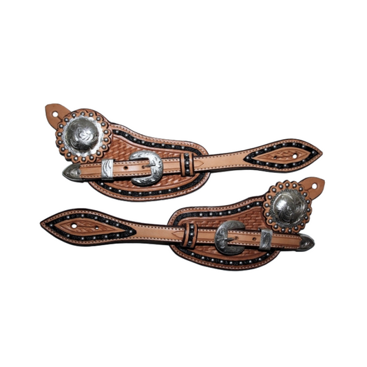 Sporenriemen - US Leather - Two Tone - Tooled - Dots - graviertes Buckle Set & Conchos