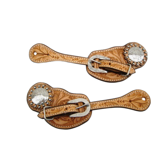 Sporenriemen #32 - US Leather - Floral Tooling - Dots - Stainless Steel Buckles & Conchos