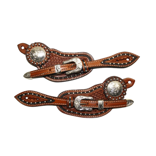 Sporenriemen #36 - US Leather - Two Tone - Tooled - Dots - graviertes Buckle Set & Conchos