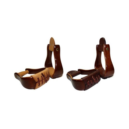 Double CC Deluxe Holzsteigbügel - Lackiert - helles oder dunkles Trittleder - DUNKEL - TWO TONE - GESCHWUNGENE Ausführung