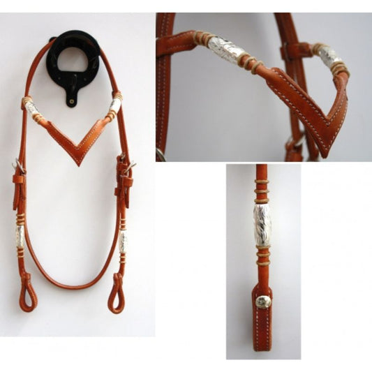 EE Tack Kopfstück - Harness - Round Ends - Silver Pipe's / Rawhide - "V" Stirnband