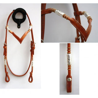 "EE Tack" - Kopfstück - Harness - Round End's - Silver Pipe's / Rawhide - "V" Stirnband
