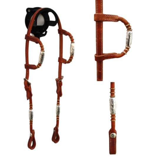 EE Tack Kopfstück - Harness - Round Ends - Silver Pipe's / Rawhide - Doppeleinohr