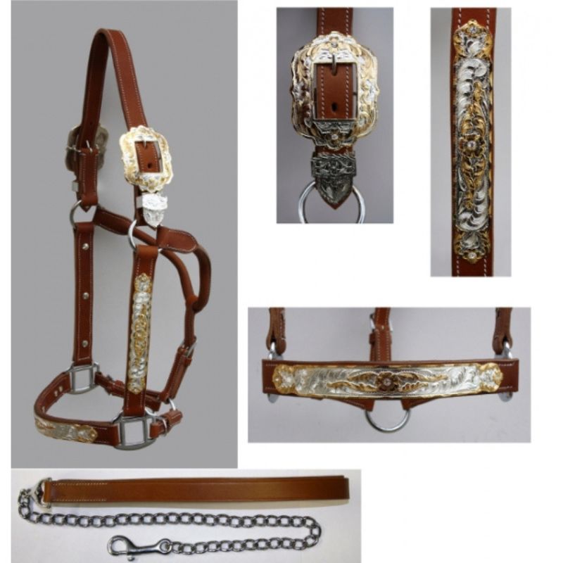 Premium Show Halfter - GOLD / SILBER - Stones - mit Führleine - MITTEL - verschiedene Größen
